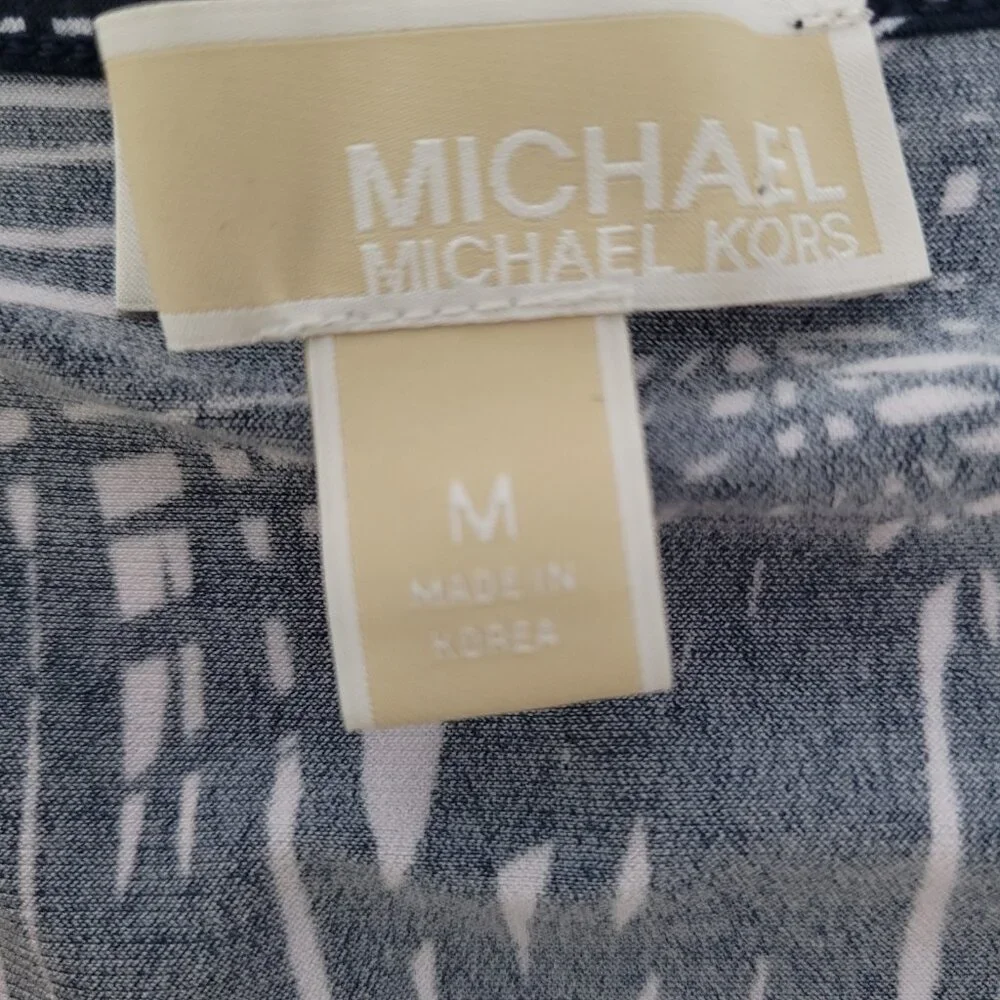 Michael Kors Navy & White Palm Leaf Front Slit Stretch Midi Dress Size Medium M
